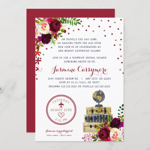 Burgundy Floral Travel bridal shower invitation