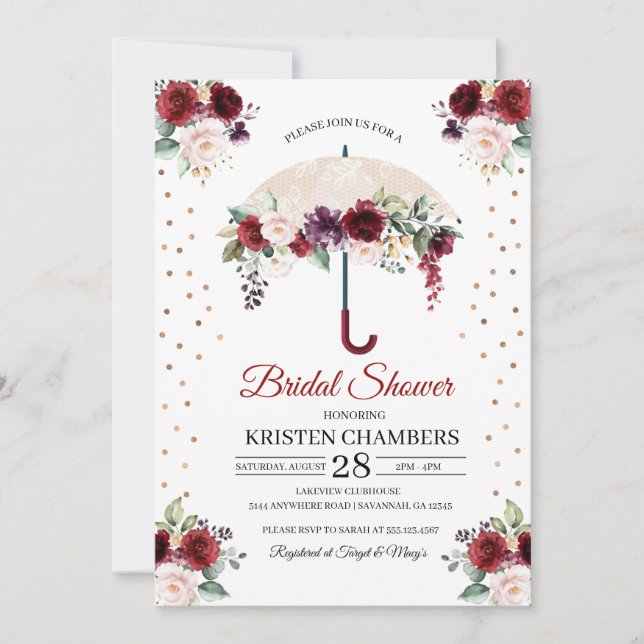 Burgundy Floral Umbrella Bridal Shower Invitation (Front)