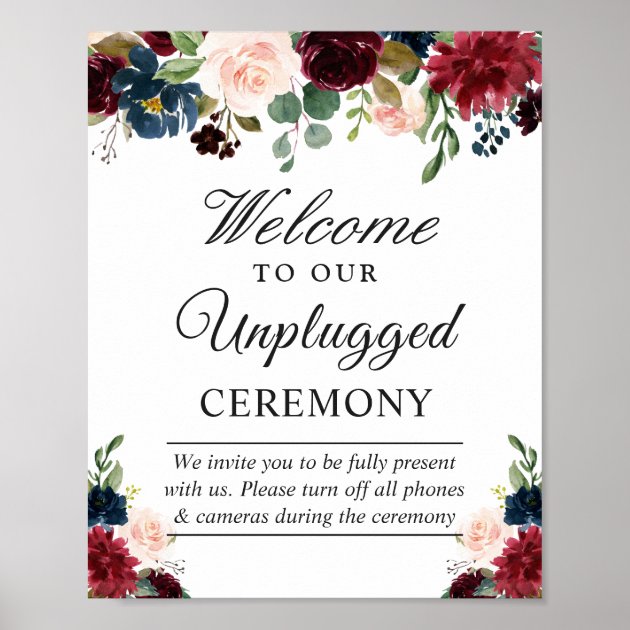 Burgundy Floral Unplugged Wedding Ceremony Sign