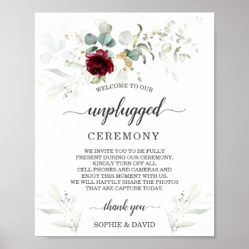 Burgundy Floral Unplugged Wedding Ceremony Sign