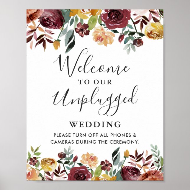 Burgundy Floral Unplugged Wedding Sign (Front)