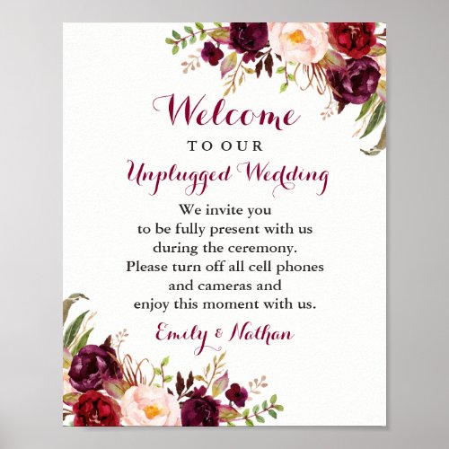 Burgundy Floral Unplugged Wedding Sign