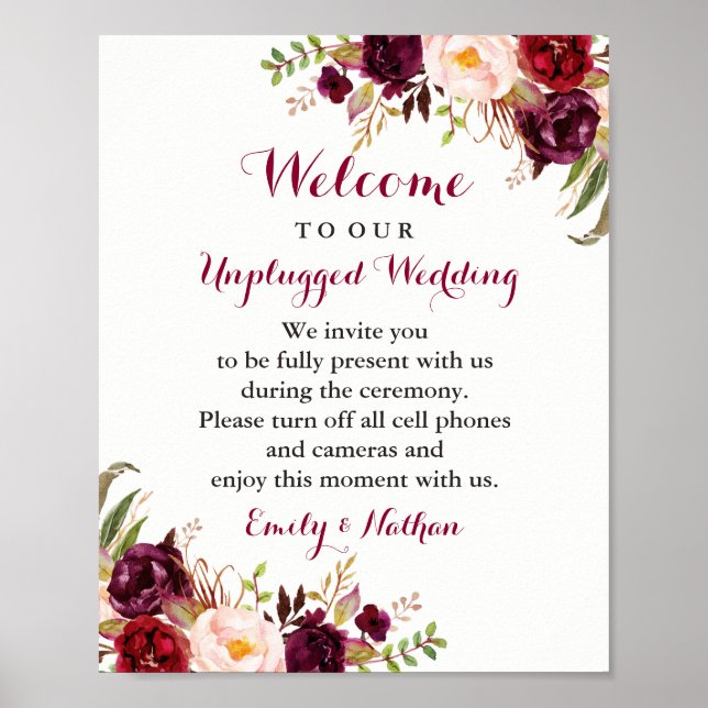 Burgundy Floral Unplugged Wedding Sign (Front)
