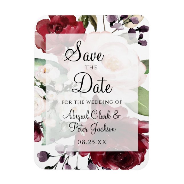 Burgundy Floral Vellum Watercolor Save the Date Magnet (Vertical)