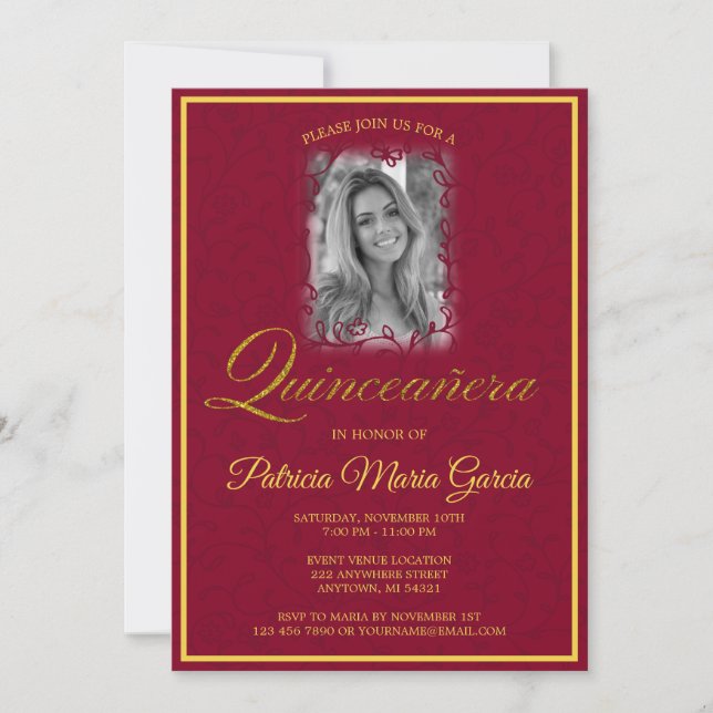 Burgundy floral vines with photo invitation (Front)