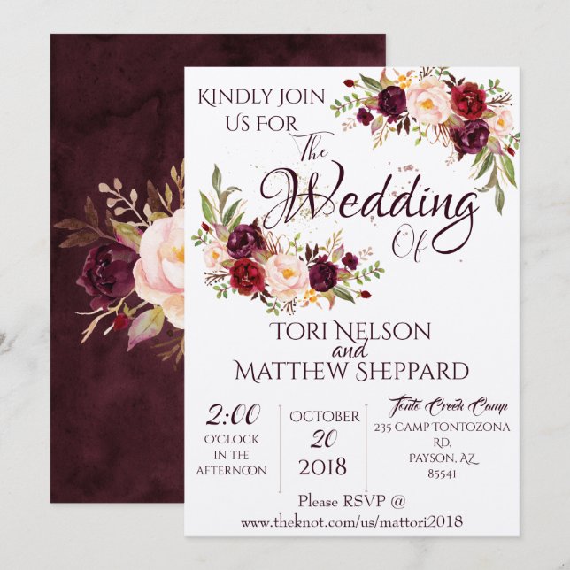 Burgundy Floral Water Paint -Simple Lines Invitation (Front/Back)