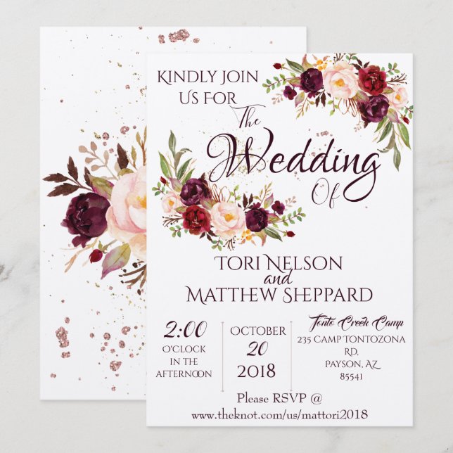 Burgundy Floral Water Paint -Simple Lines-splashes Invitation (Front/Back)