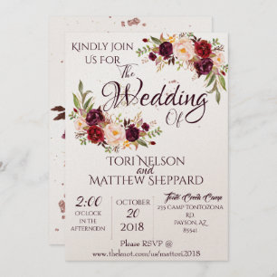 Burgundy Floral Water Paint -Simple Lines-splashes Invitation
