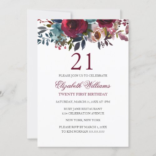 Burgundy Floral Watercolor 21st Birthday Invite