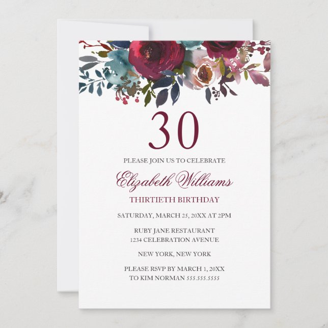 Burgundy Floral Watercolor 30th Birthday Invite (Front)