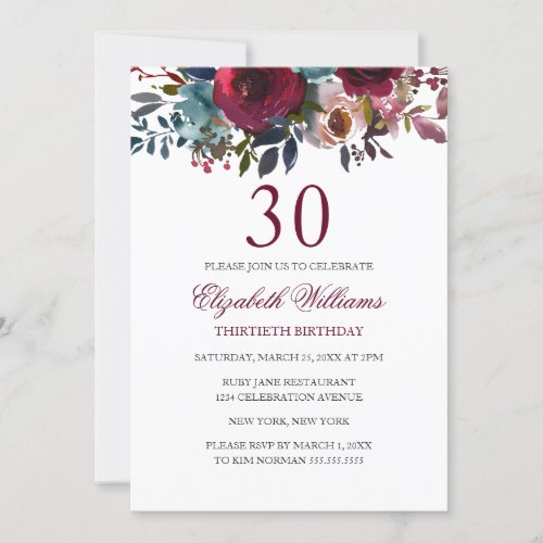 Burgundy Floral Watercolor 30th Birthday Invite