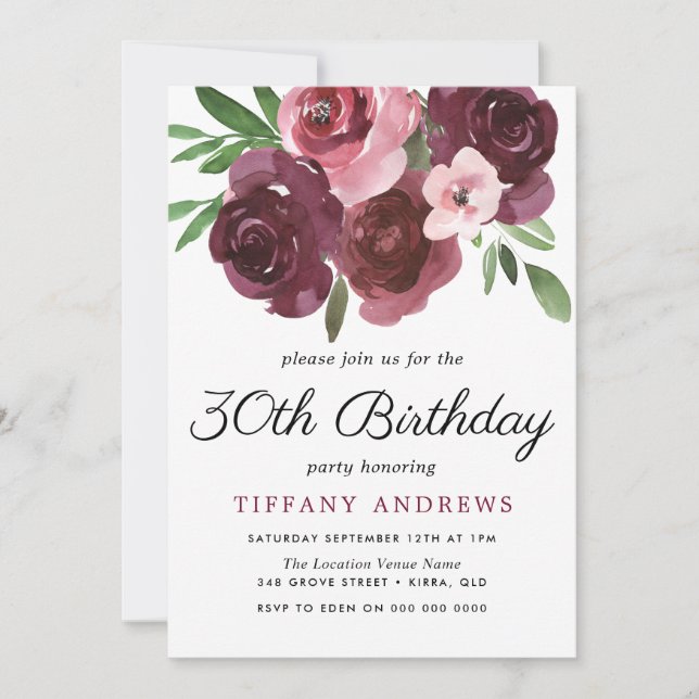 Burgundy Floral Watercolor 30th Birthday Invite (Front)
