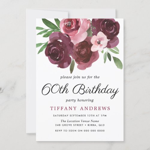 Burgundy Floral Watercolor 60th Birthday Invite
