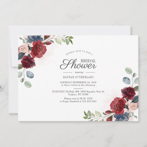 Burgundy Floral Watercolor Blush Bridal Shower Invitation