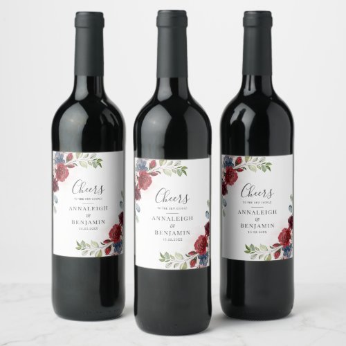 Burgundy Floral Watercolor Botanical Mr and Mrs Wine Label