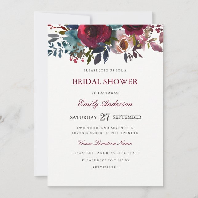 Burgundy Floral Watercolor Bridal Shower Invitation (Front)
