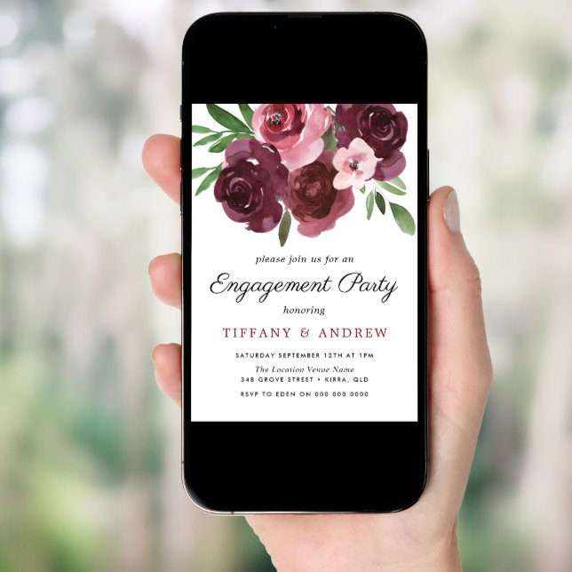 Burgundy Floral Watercolor Engagement Party Invite (Front Digital)