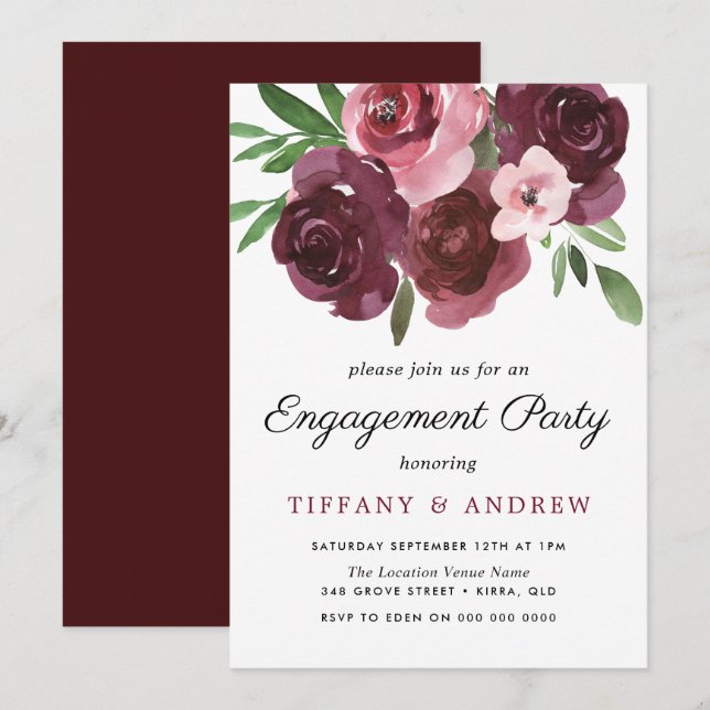 Burgundy Floral Watercolor Engagement Party Invite (Front/Back)