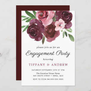 Burgundy Floral Watercolor Engagement Party Invite
