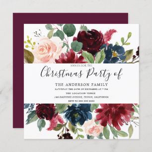 Burgundy Floral Watercolor Family Christmas Party Invitation