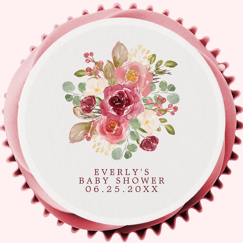 Burgundy Floral Watercolor Flowers Baby Shower Edible Frosting Rounds