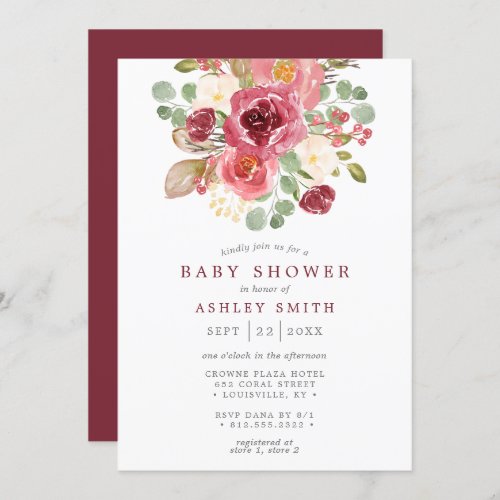 Burgundy Floral Watercolor Flowers Baby Shower Invitation