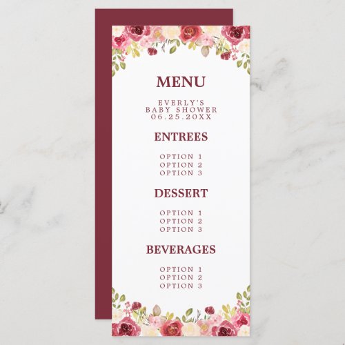 Burgundy Floral Watercolor Flowers Baby Shower Menu