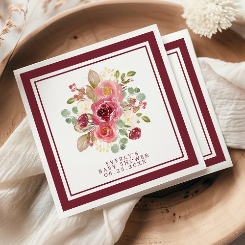 Baby Shower Tableware 4 Burgundy Floral Watercolor Flowers Baby Shower Napkins