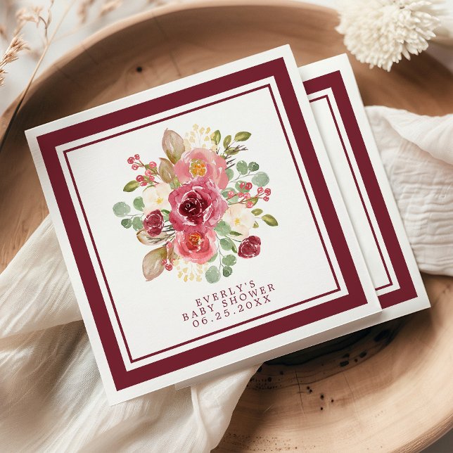 Burgundy Floral Watercolor Flowers Baby Shower Napkins (Creator Uploaded)