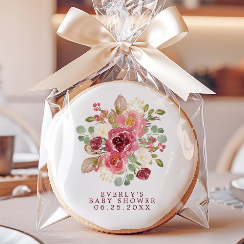 Burgundy Floral Watercolor Flowers Baby Shower Sugar Cookie