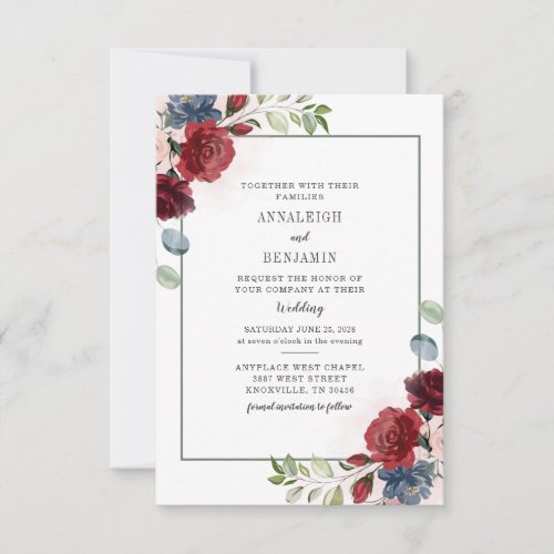 Burgundy Floral Watercolor Foliage Wedding Invitation