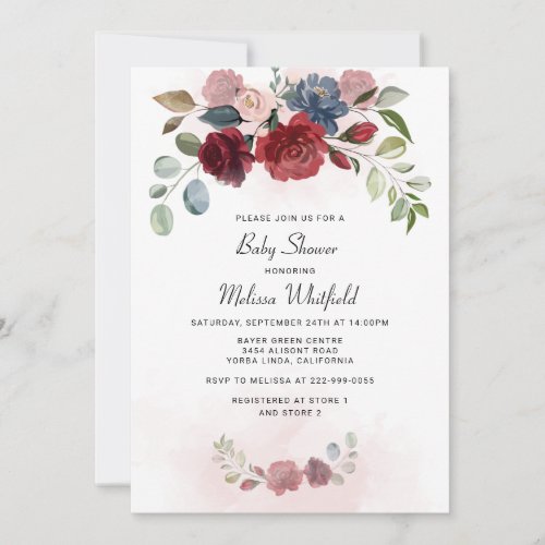 Burgundy Floral Watercolor Girl Baby Shower Invitation