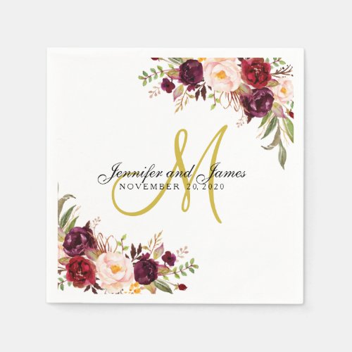 Burgundy Floral Watercolor Gold Monogram Wedding Napkins