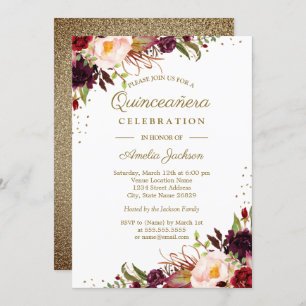 Burgundy Floral Watercolor Gold Quinceanera Invite