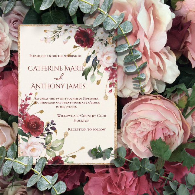 Burgundy Floral Watercolor Gold Wedding Invitation (Creator Uploaded)