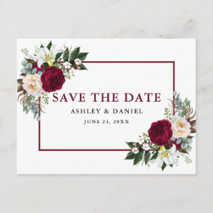 Burgundy Floral Watercolor Greenery Save the Date Announcement Postcard