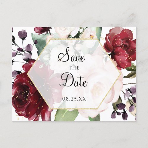 Burgundy Floral Watercolor Hexagon Save the Date Announcement Postcard