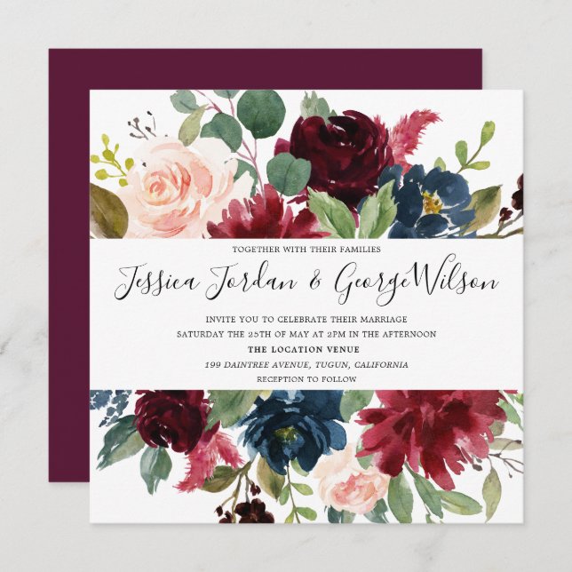 Burgundy Floral Watercolor Modern Wedding Invite (Front/Back)