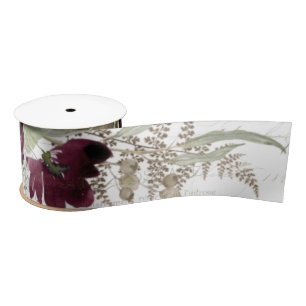 Burgundy Floral Watercolor Navy Pink Flower Script Satin Ribbon