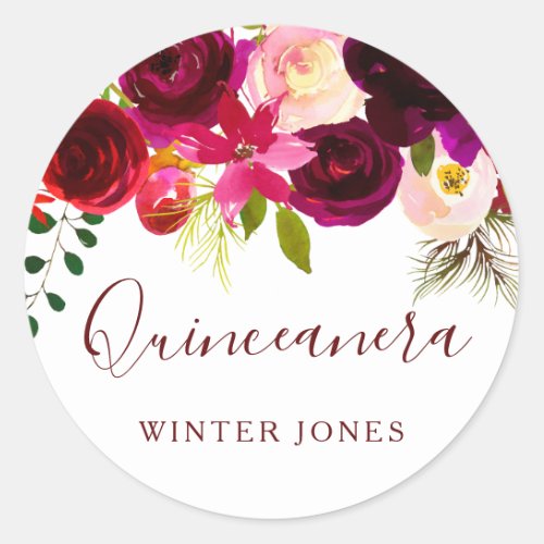 Burgundy Floral Watercolor Quinceanera Party Favor Classic Round Sticker