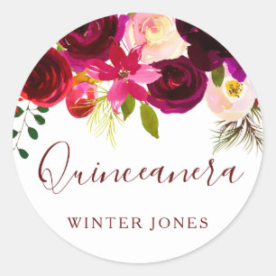 Burgundy Floral Watercolor Quinceanera Party Favor Classic Round Sticker
