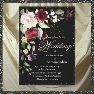 Burgundy Floral Watercolor Rustic Black Wedding Invitation