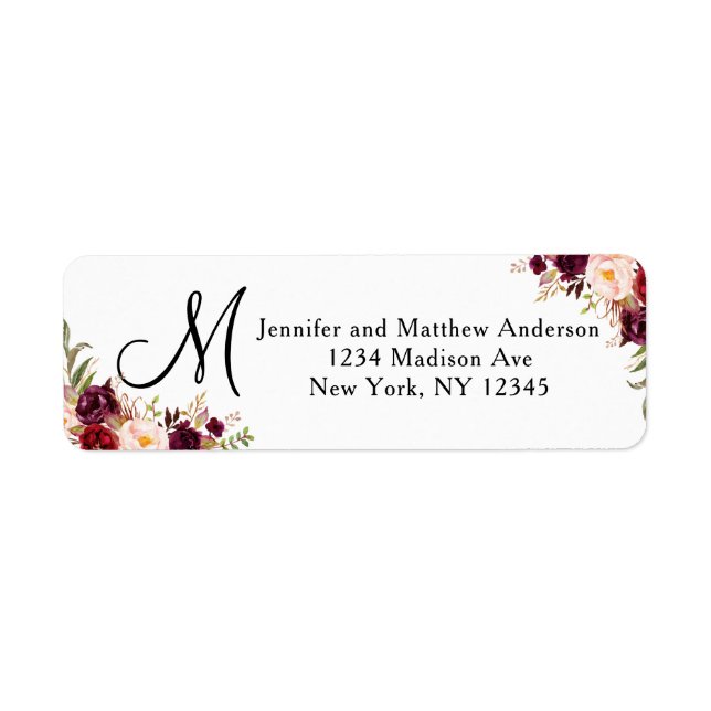 Burgundy Floral Watercolor Script Monogram Address Label (Front)