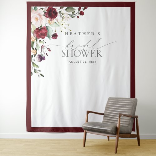 Burgundy Floral Watercolor Shower Photo Booth Tapestry