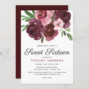 Burgundy Floral Watercolor Sweet 16 Invite
