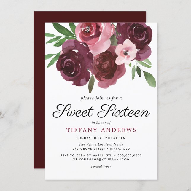 Burgundy Floral Watercolor Sweet 16 Invite (Front/Back)