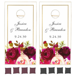 Burgundy Floral Watercolor Wedding Cornhole Set