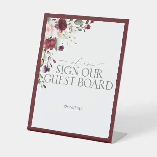 Burgundy Floral Watercolor Wedding Guest Board Pedestal Sign