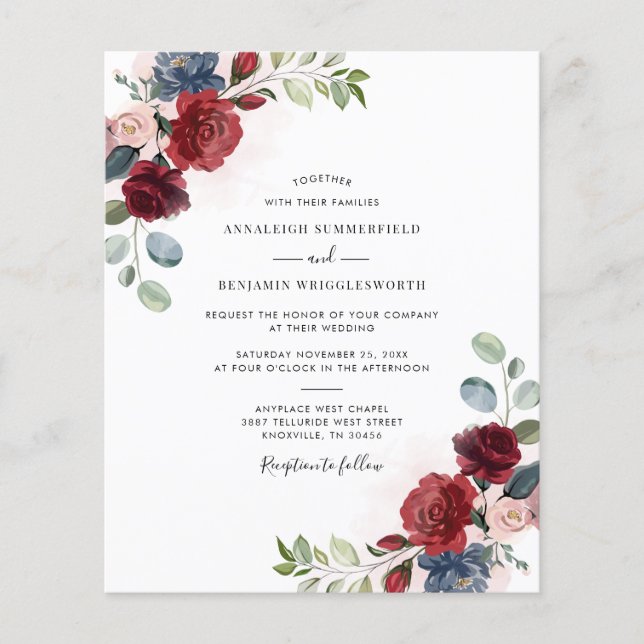 Burgundy Floral Watercolor Wedding Invitation (Front)