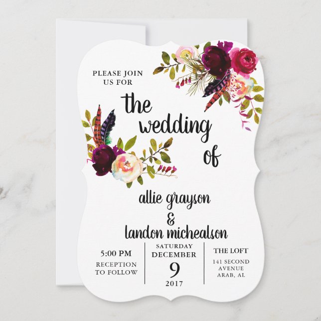 Burgundy Floral Watercolor Wedding Invitation (Front)